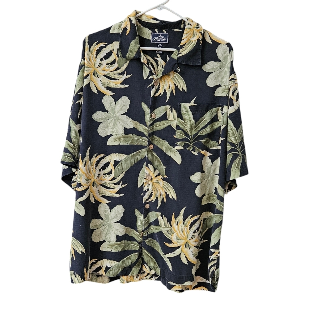 Bermuda Bay Hawaiian Shirt 100% Silk Men's Large Button Up Black Green Tropical